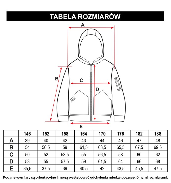 Tabela rozmiarów - Khaki kurtka typu bomberka z kapturem lekko ocieplana