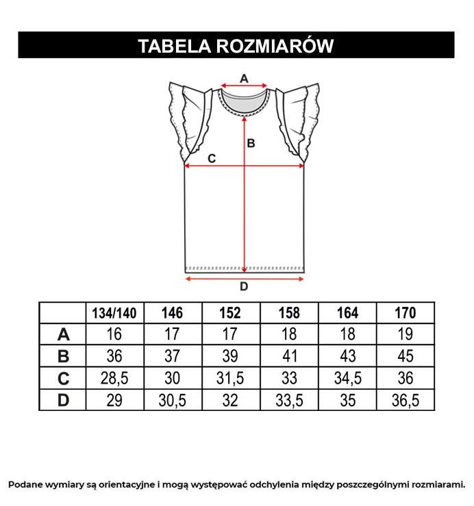 Tabela rozmiarów - Biała bluzka z dzianiny prążkowanej z ozdobnymi rękawami