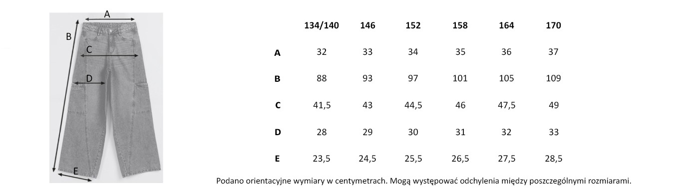 Tabela rozmiarów - Czarne jeansy z szerokimi nogawkami z modnymi cięciami