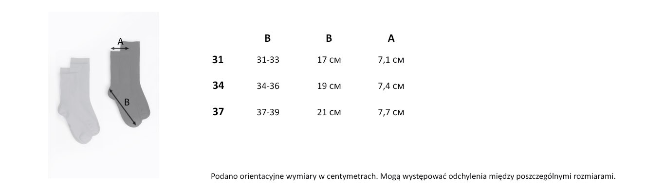 Tabela rozmiarów - Skarpetki dziewczęce