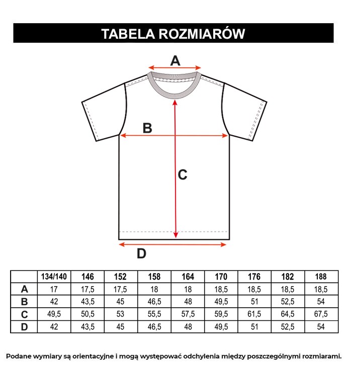 Tabela rozmiarów - Biało-fioletowy t-shirt z czarnymi nadrukami na całości