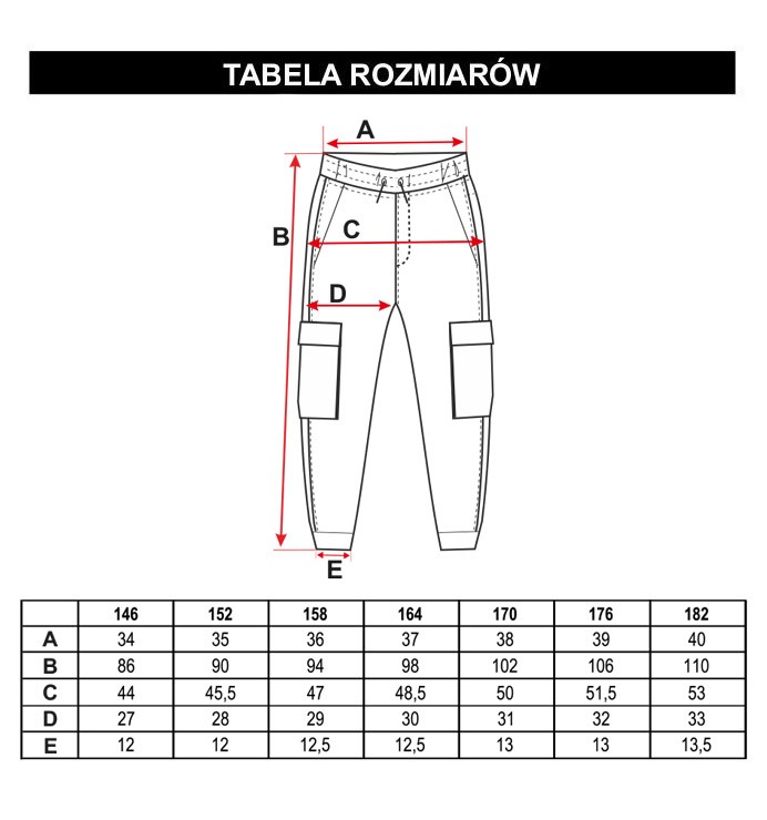 Tabela rozmiarów - Czarne spodnie joggery typu cargo